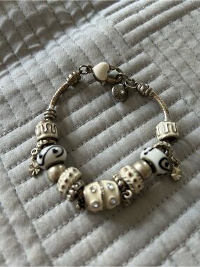 White and Cream Pandora Style Silver Charm Bracelet with Black Accents